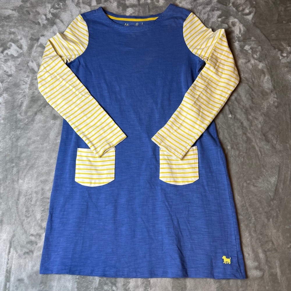 Mini Boden Blue Yellow Stripe Dog Pocket Long Sleeve Dress 13 14Y